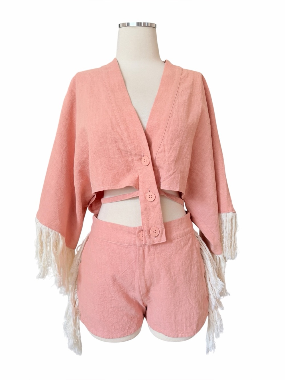 NWT 2PC Nichole Lynel Light Pink Boho Festival Vibes Fringe Jacket & Shorts Sz M - Picture 12 of 12